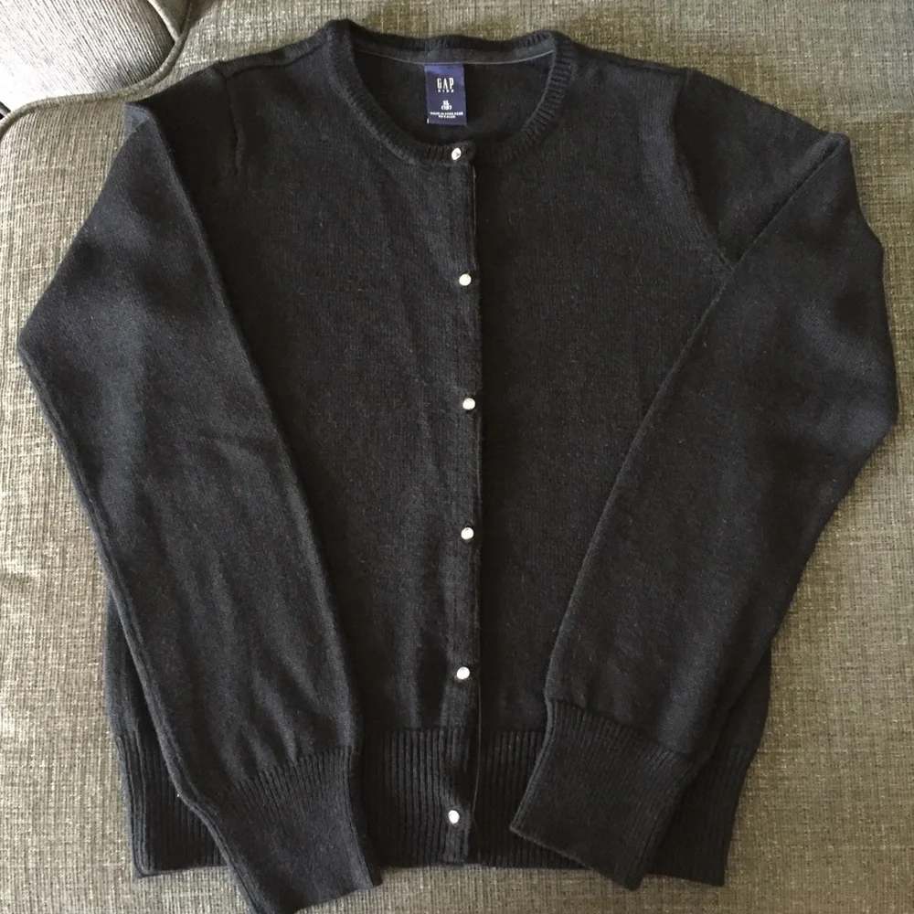 GAP Black Cardigan Sweater *Velvet Trim Rhinestone Buttons